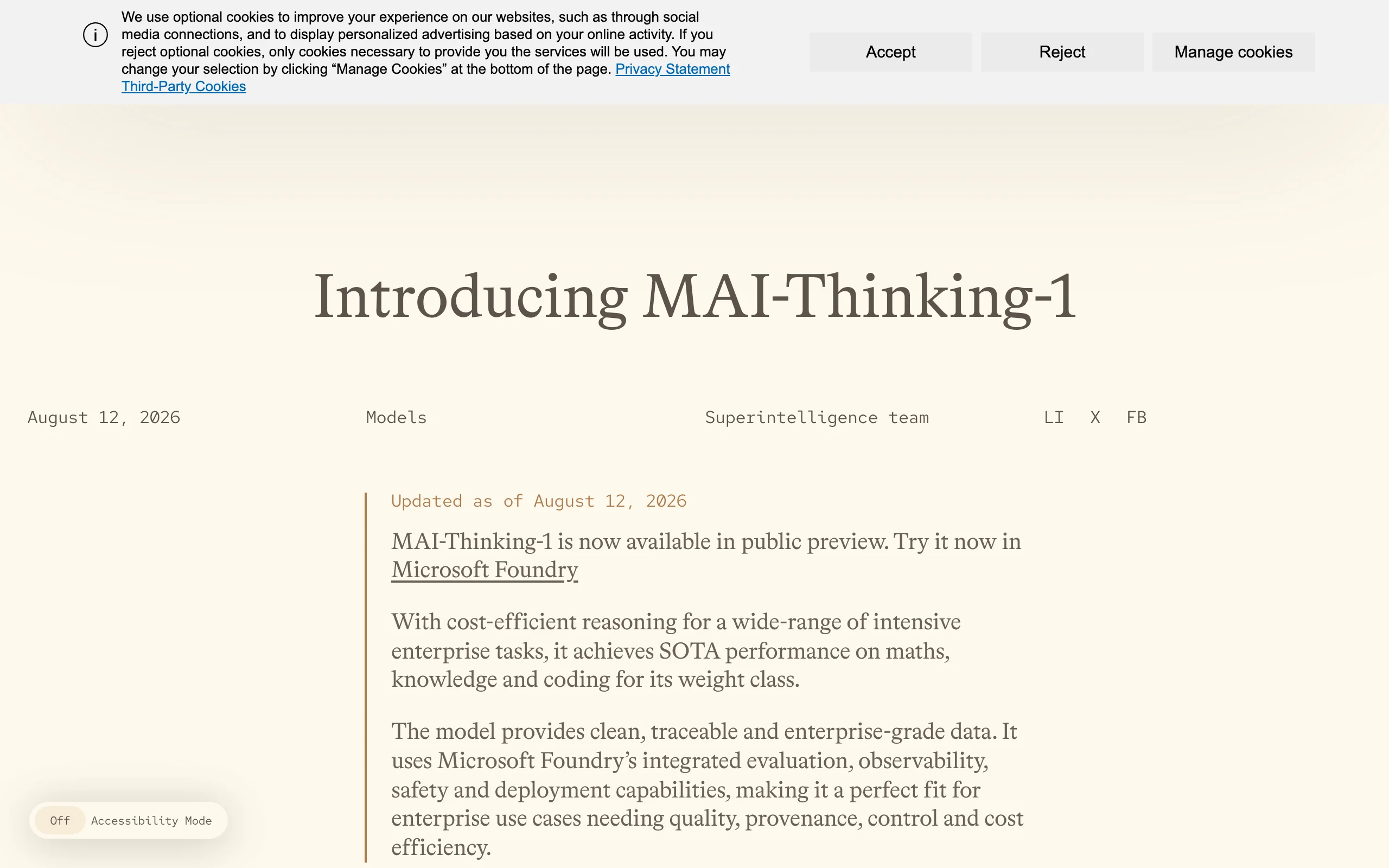 MAI-Thinking-1 – Microsoft's First In-House Advanced Reasoning Model official screenshot