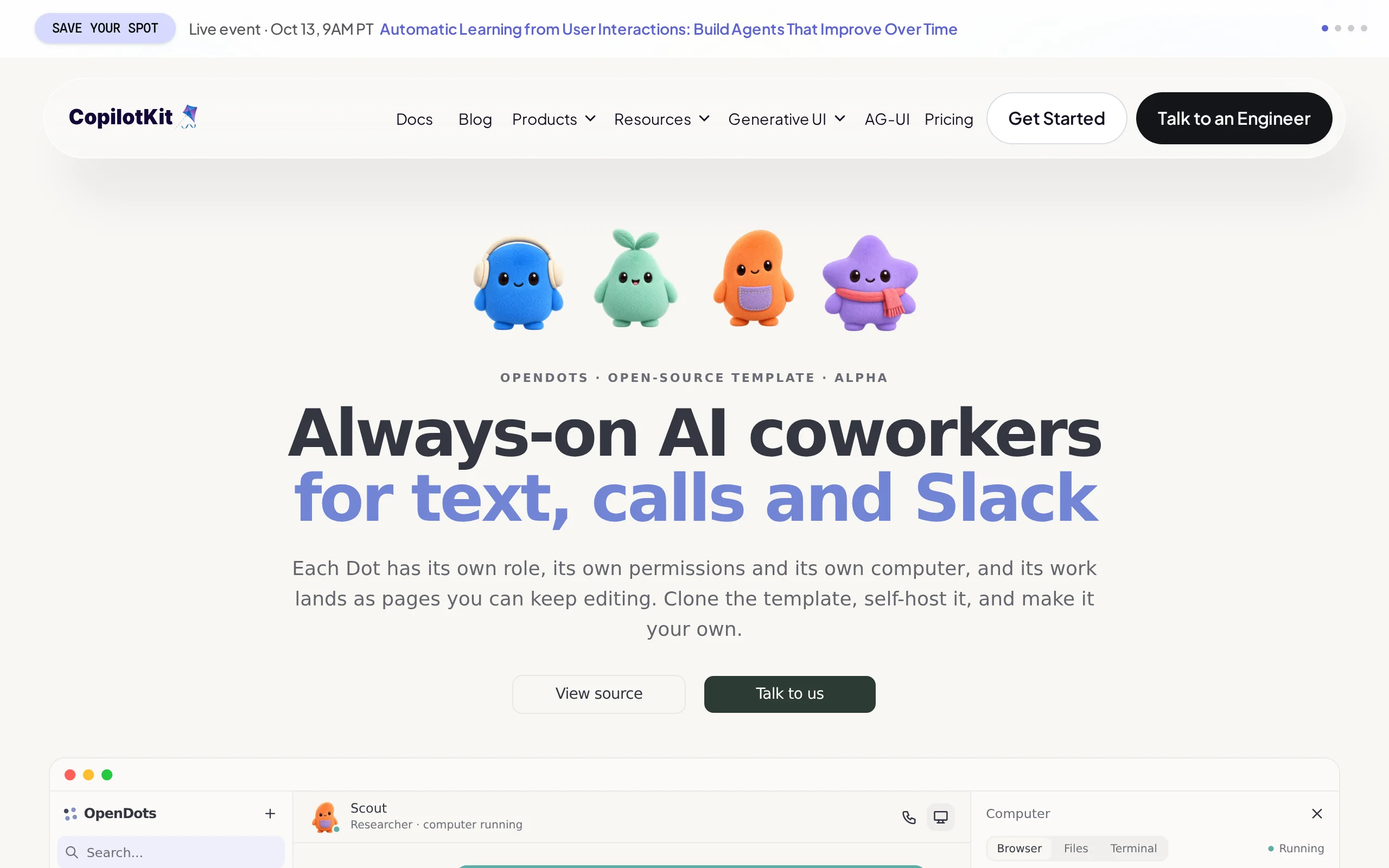 OpenDots 深度评测:CopilotKit 开源的 AI 同事工作区,能否成为 OpenAI Dots 的替代方案? 官方截图